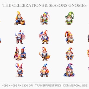 Seasonal gnomes for 4th of July, Autumn, Summer, and Birthdays featuring flags, sunflowers, beach gear, and party balloons.
