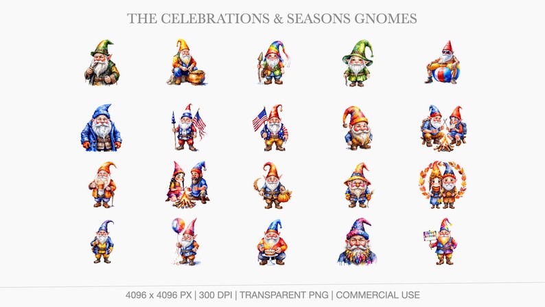 Seasonal gnomes for 4th of July, Autumn, Summer, and Birthdays featuring flags, sunflowers, beach gear, and party balloons.
