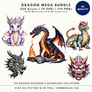 Dragon Mega Bundle featuring 250 assets: 75 SVGs, 94 Watercolors, and 81 Sticker files by RPR Designs.