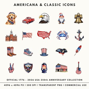 May include: A selection of Americana and classic icons, featuring a dog, a red truck, an eagle, a gnome, a bell, a building, a flag, a map of the USA, a crab, an anchor, boots, trainers, a hat, a hat, a feather, a peace sign, a shield, a lantern, a barn, and a guitar. The text reads: OFFICIAL 1776 - 2026 USA 250th ANNIVERSARY COLLECTION.