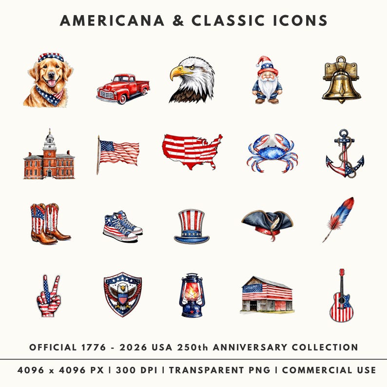 May include: A selection of Americana and classic icons, featuring a dog, a red truck, an eagle, a gnome, a bell, a building, a flag, a map of the USA, a crab, an anchor, boots, trainers, a hat, a hat, a feather, a peace sign, a shield, a lantern, a barn, and a guitar. The text reads: OFFICIAL 1776 - 2026 USA 250th ANNIVERSARY COLLECTION.