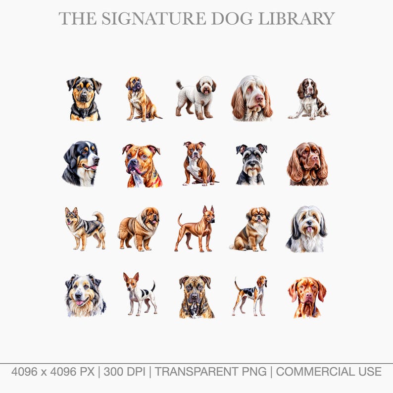 High-resolution watercolor art of rare dog breeds like the Xoloitzcuintli, Afghan Hound, and Saluki.
