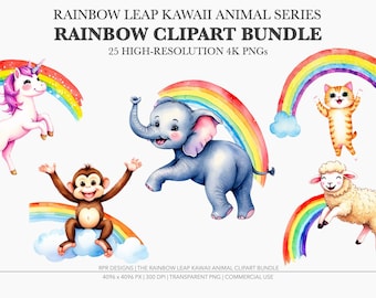 Rainbow Leap Kawaii Animal Clipart Bundle | 25 Watercolor PNG | Transparent Background | Kids | Commercial Use
