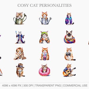 A display grid of 20 adorable cat cliparts including a wizard cat with a staff, a gym cat lifting weights, a cat wrapped tightly in a rainbow yarn ball, a cat drinking boba tea, a photographer cat, and a camping cat in a tent.