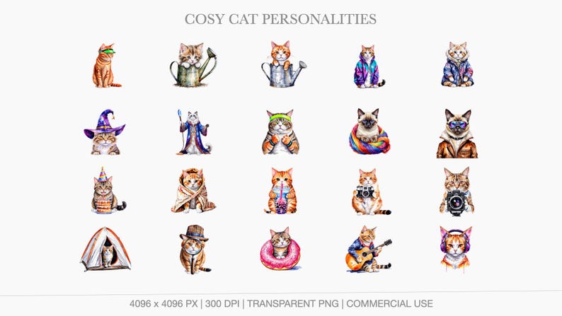 A display grid of 20 adorable cat cliparts including a wizard cat with a staff, a gym cat lifting weights, a cat wrapped tightly in a rainbow yarn ball, a cat drinking boba tea, a photographer cat, and a camping cat in a tent.