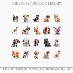 Watercolor dog portraits of various Terriers and Hounds including Airedale, Basset Hound, and Bloodhound.