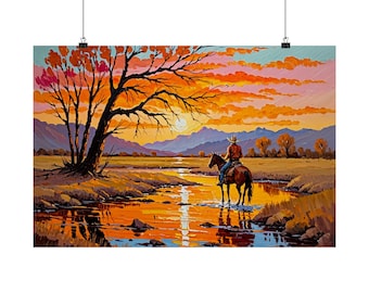 Cowboy River Sunset Oil Painting Poster | Western Landscape Wall Art | Horseback Rider Nature Print