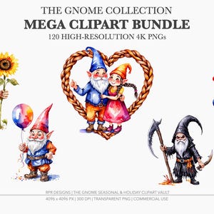 Mega bundle of 120 high-resolution watercolor gnome clipart featuring seasonal, holiday, and everyday themes for sublimation and crafts.