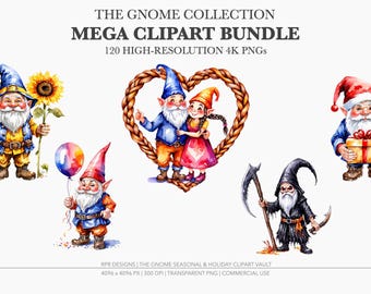Watercolor Gnome Clipart Bundle: All Seasons Holidays | Christmas, Halloween, Easter, Valentines, Birthday, Commercial PNGs