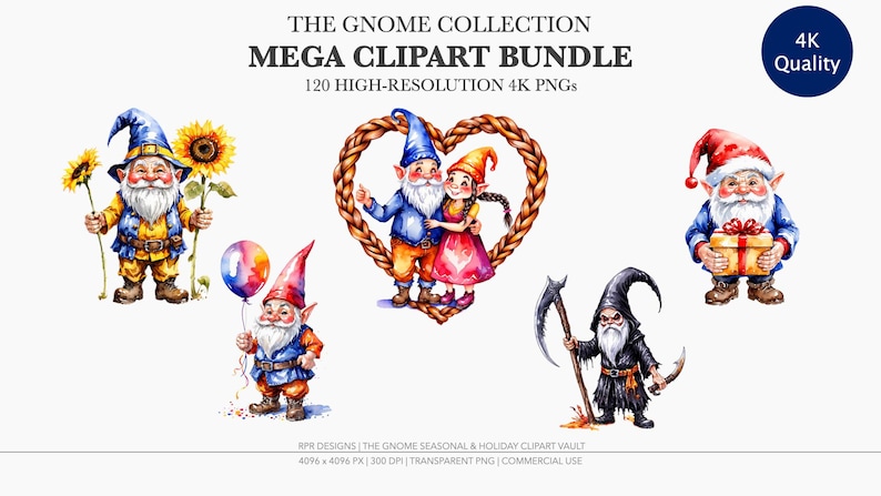 Mega bundle of 120 high-resolution watercolor gnome clipart featuring seasonal, holiday, and everyday themes for sublimation and crafts.