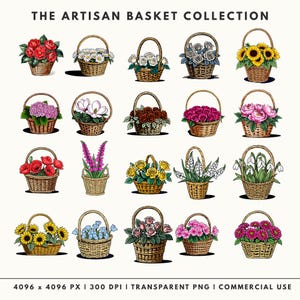 grid of 20 watercolor illustrations showing various wicker baskets filled with different flowers including sunflowers, hydrangeas, poppies, and roses on a cream background.