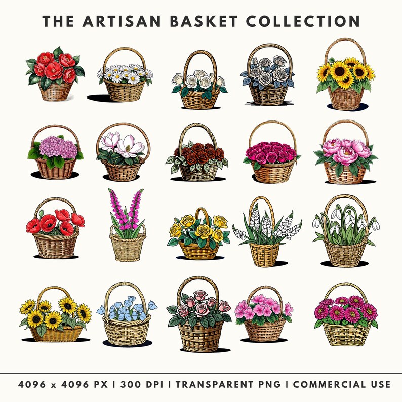 grid of 20 watercolor illustrations showing various wicker baskets filled with different flowers including sunflowers, hydrangeas, poppies, and roses on a cream background.