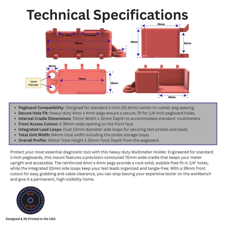 A technical specification sheet for the multimeter holder showing 70mm x 32mm internal cradle dimensions, 10mm lead loops, and 4mm reinforced pegs.