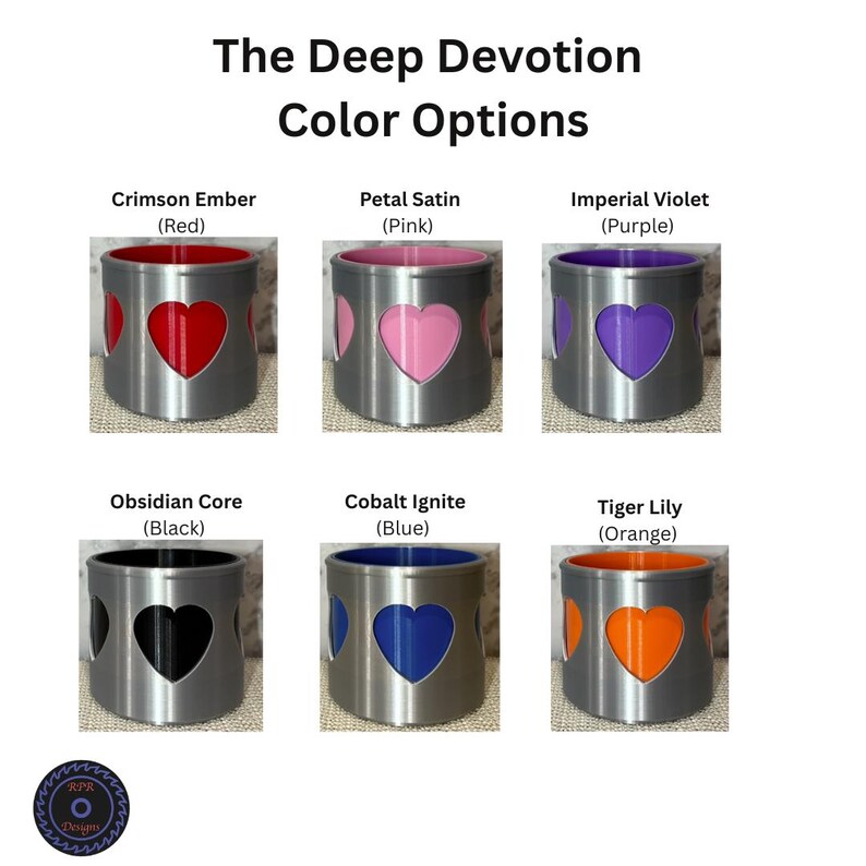 A grid showing six color options for the Deep Devotion heart cup, including Crimson Ember, Petal Satin, and Imperial Violet.