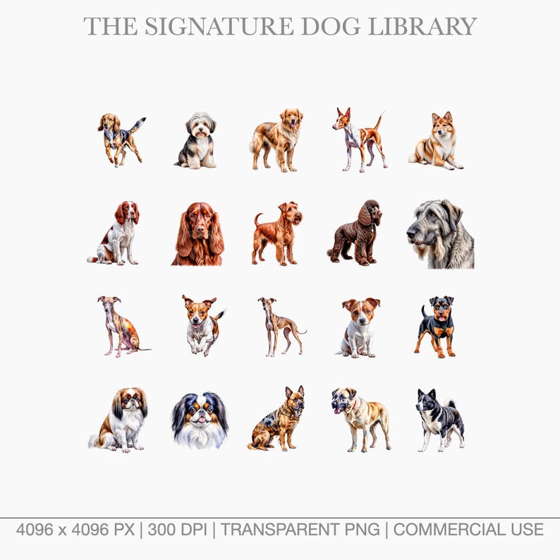 Diverse dog breed clipart including Jack Russell, Greyhound, and Irish Setter watercolor paintings.
