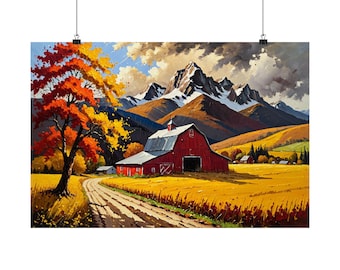 Red Barn Autumn Mountain Oil Painting Poster | Fall Farmhouse Wall Art | Country Landscape Print