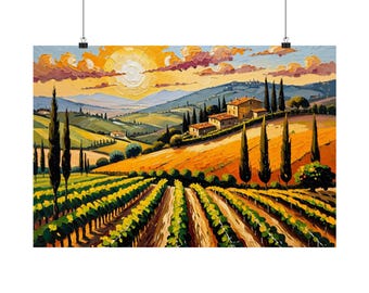 Tuscany Vineyard Sunset Oil Painting Poster | Italian Landscape Wall Art | Mediterranean Print