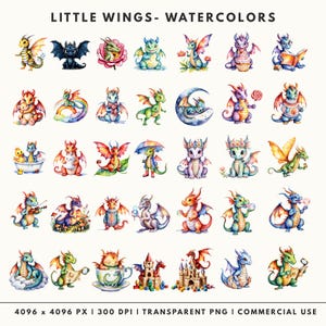 Little Wings collection: 35 cute storybook-style watercolor dragon illustrations for nursery decor and kids' crafts