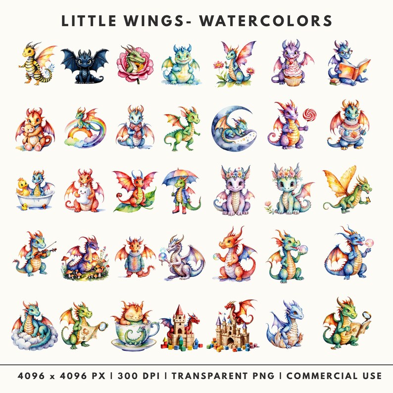 Little Wings collection: 35 cute storybook-style watercolor dragon illustrations for nursery decor and kids' crafts