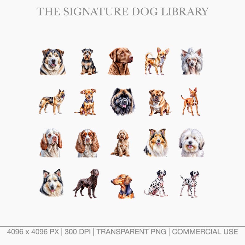 High-resolution dog portraits for commercial use featuring Chow Chow, Labrador, and Dalmatian.
