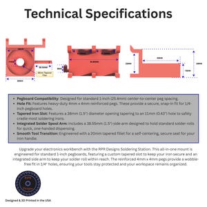 Technical specification diagram showing exact dimensions: 38mm iron slot, 21.40mm peg spacing, and 40mm depth.