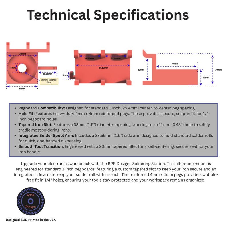 Technical specification diagram showing exact dimensions: 38mm iron slot, 21.40mm peg spacing, and 40mm depth.