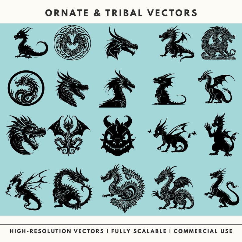 Ornate and Tribal Dragon SVG collection featuring intricate vector silhouettes for Cricut and Glowforge.