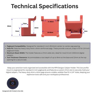 A three-view technical diagram of the caliper holder showing a 17mm tool slot, 30mm height, and compatibility with 1-inch peg spacing.