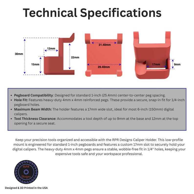 A three-view technical diagram of the caliper holder showing a 17mm tool slot, 30mm height, and compatibility with 1-inch peg spacing.