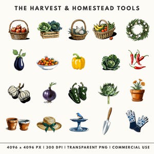 Garden-themed illustrations including harvest baskets with apples and vegetables, garlic bulbs, peppers, a sun hat, gardening gloves with a blue floral pattern, and a metal trowel.