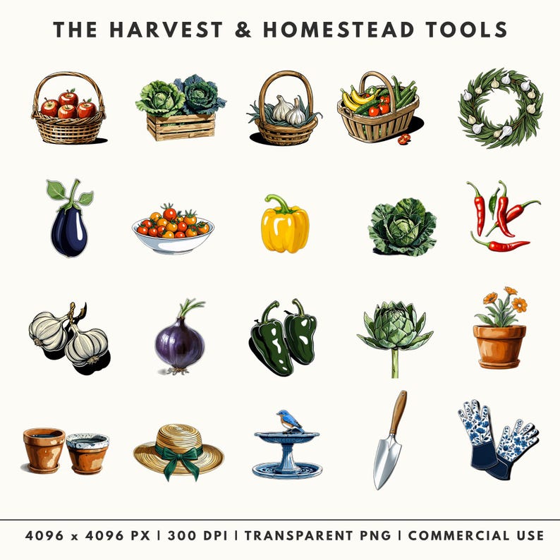 Garden-themed illustrations including harvest baskets with apples and vegetables, garlic bulbs, peppers, a sun hat, gardening gloves with a blue floral pattern, and a metal trowel.