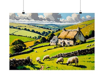 English Countryside Cottage Painting Poster | British Landscape Wall Art | Sheep Meadow Nature Print