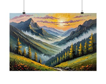 Mountain Valley Sunrise Oil Painting Poster | Alpine Landscape Wall Art | Misty Mountain Nature Print