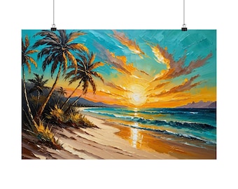 Tropical Beach Sunset Oil Painting Poster | Palm Tree Wall Art | Coastal Landscape Print