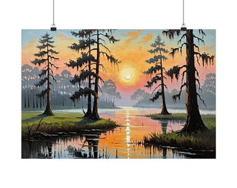 Louisiana Bayou Sunset Oil Painting Poster | Southern Swamp Wall Art | Cypress Tree Print