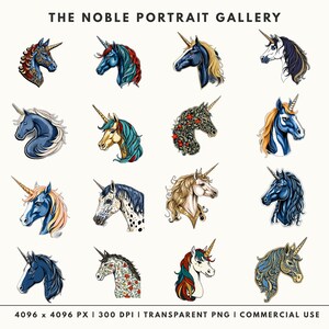 A portrait gallery of 16 detailed unicorn head profiles featuring various styles such as midnight sapphire braiding, floral tapestry patterns, and celestial gold-starred manes.
