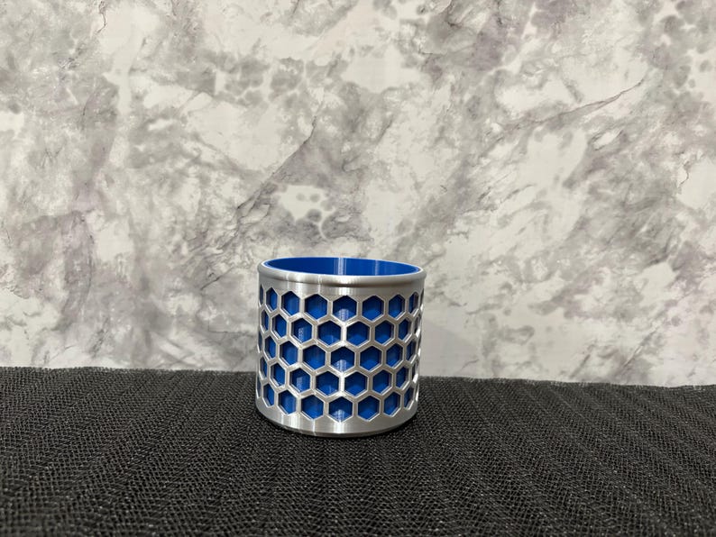 Honeycomb Pencil Holder - Modern Geometric Desk Organizer - Hexagon Office Pen Cup Silver & Blue