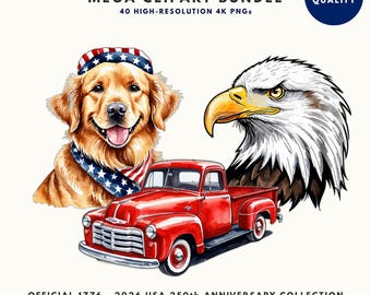 40 Patriotic Watercolor Clipart PNGs, 4K Bundle, USA 250th Anniversary, Digital Download