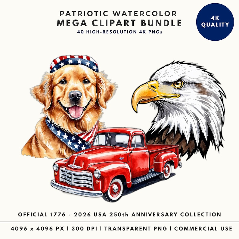 40 Patriotic Watercolor Clipart PNGs, 4K Bundle, USA 250th Anniversary, Digital Download image 1