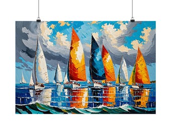 Colorful Sailboat Regatta Oil Painting Poster | Nautical Wall Art | Sailing Race Print