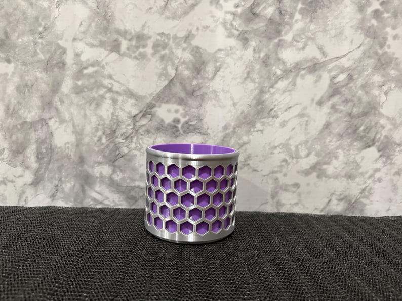 Honeycomb Pencil Holder - Modern Geometric Desk Organizer - Hexagon Office Pen Cup Silver & Purple