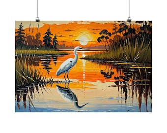White Egret Marsh Sunset Oil Painting Poster | Coastal Bird Wall Art | Wetland Nature Print