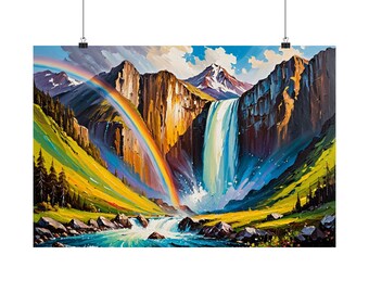 Mountain Waterfall Rainbow Oil Painting Poster | Nature Landscape Wall Art | Colorful Scenic Print