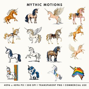 A collection of 16 dynamic unicorn and pegasus illustrations showing creatures in motion, including rearing steeds, flying pegasi with golden wings, and traditionally harnessed carousel horses.