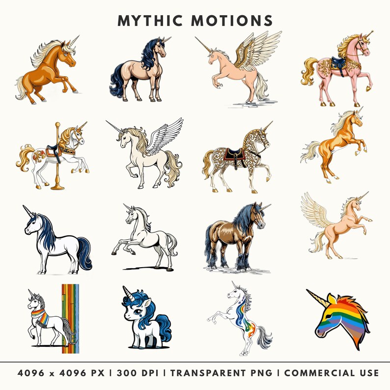 A collection of 16 dynamic unicorn and pegasus illustrations showing creatures in motion, including rearing steeds, flying pegasi with golden wings, and traditionally harnessed carousel horses.