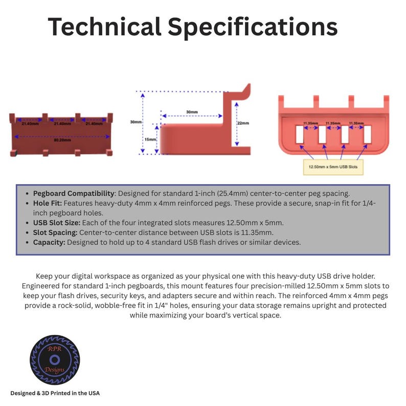 A technical specification sheet for the USB drive holder showing dimensions including 80.20mm total width and 21.40mm peg spacing.