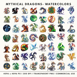 Showcase of 59 Mythical Dragon watercolor clipart illustrations in high-resolution 4K transparent PNG format.