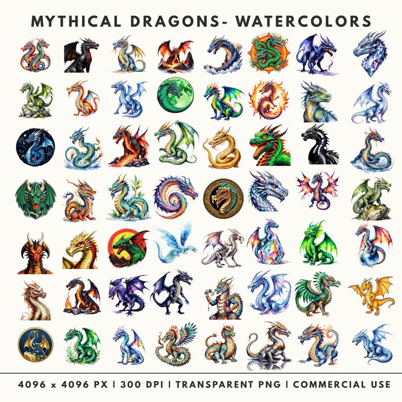 Showcase of 59 Mythical Dragon watercolor clipart illustrations in high-resolution 4K transparent PNG format.
