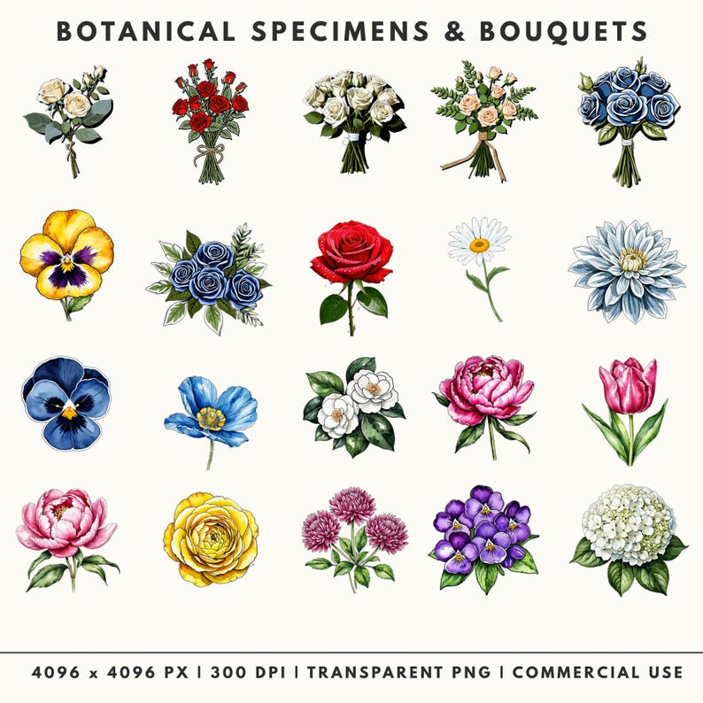 A collection of individual floral elements and bouquets featuring blue roses, red peonies, yellow pansies, white hydrangeas, and pink tulips in a detailed ink and watercolor style.