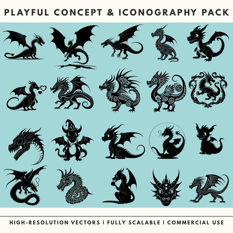 Playful concept and iconography pack of dragon vectors, fully scalable SVGs for professional digital design.